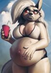  absurd_res akkusky anthro areola areola_slip belly beverage big_belly big_breasts biped black_nose breasts canid canid_demon canine clothing countershade_tail countershading demon eyewear female glasses hand_on_stomach hellhound helluva_boss hi_res loona_(helluva_boss) mammal navel pregnant pregnant_female red_sclera solo swimwear tail thick_thighs vein veiny_breasts 