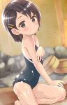  1girl absurdres black_hair blush breasts brown_eyes cum hair_ornament hairclip highres idolmaster idolmaster_cinderella_girls one-piece_swimsuit onsen saeki_tatsuya sasaki_chie short_hair small_breasts swimsuit wet 