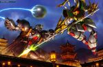  absurdres architecture ball_and_chain_(weapon) battle bolt_gundam dragon_gundam east_asian_architecture energy_weapon g_gundam green_eyes gundam highres holding holding_polearm holding_weapon jumping kinoshita_tomotake lance mecha mobile_suit motion_blur mountain night night_sky outdoors pagoda polearm robot science_fiction sky super_robot v-fin weapon 