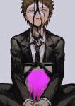  1boy absurdres black_necktie black_pants blood collared_shirt danganronpa_(series) danganronpa_3_(anime) grey_background grey_shirt highres hinata_hajime iei lian_chou_zi_(rotsmell) long_sleeves looking_up necktie pants pink_blood shirt short_hair simple_background sitting solo tagme 