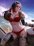  1girl adeptus_astartes armor artist_name black_hair blue_sky boots bra breasts brown_eyes brown_hair choker cleavage closed_mouth cloud cloudy_sky collarbone highres lips long_hair motor_vehicle motorcycle navel outdoors panties pauldrons red_bra red_choker red_panties scar scar_across_eye scar_on_face shoulder_armor sky solo space_marine stomach themaestronoob thigh_boots underwear warhammer_40k white_scars 
