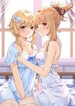  2girls bare_arms bare_shoulders bed_sheet blonde_hair blue_bow blue_dress blush bow breasts brown_eyes chahei cleavage closed_mouth commentary_request curtains dress flower genshin_impact hair_flower hair_ornament highres indoors lumine_(genshin_impact) medium_breasts multiple_girls ponytail short_sleeves sidelocks sleeveless sleeveless_dress smile white_dress white_flower window yoimiya_(genshin_impact) 
