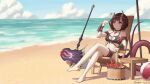  +_+ 1girl absurdres artist_name axe bare_shoulders beach bikini black_hair breasts broken_horn chair choker cleavage cloud collarbone crossed_legs dated day demon_horns eriko_(princess_connect!) eriko_(summer)_(princess_connect!) heart heart_choker highres horns large_breasts multi-strapped_bikini_top o-ring o-ring_bikini o-ring_top ocean outdoors princess_connect! purple_eyes purple_tail ruinone short_hair sitting spiked_tail swimsuit tail thigh_strap two-tone_bikini 