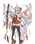  1girl animal_ears asanagi asanagi_(azur_lane) azur_lane black_gloves black_thighhighs breasts bridal_gauntlets cleavage cleavage_cutout clothing_cutout commentary_request concept_art elbow_gloves fox_ears fox_girl fox_tail gloves grey_hair grin hair_ribbon high_heels highres katana long_hair long_sleeves red_ribbon ribbon rudder_footwear sandals sheath sheathed small_breasts smile solo standing stirrup_legwear sword tail teeth thighhighs thighs toeless_legwear twintails very_long_hair weapon wide_sleeves yellow_eyes 