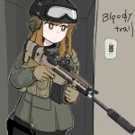  1girl ammunition_pouch assault_rifle black_headwear black_shirt bright_pupils brown_eyes brown_hair chest_rig closed_mouth combat_helmet commentary doorway english_commentary english_text eotech flip-up_sight fn_scar fn_scar_16 folding_stock foregrip gloves goggles goggles_on_headwear grey_gloves grey_jacket grey_pants gun headset helmet highres holding holding_gun holding_weapon hood hood_down hooded_jacket hybrid_sight indoors jacket light_switch long_hair long_sleeves looking_ahead optical_sight original pants pouch reflex_sight rifle rustybilge shirt suppressor trigger_discipline two-tone_gloves upper_body vertical_foregrip weapon white_pupils yellow_gloves 