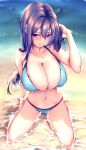  1girl absurdres arm_support bare_arms bare_legs barefoot beach bikini blue_bikini breasts cleavage collarbone commentary_request grin hair_between_eyes hand_in_own_hair highres huge_breasts kaede_acer long_hair looking_at_viewer navel ocean original outdoors purple_eyes purple_hair seductive_smile sidelocks signature sitting smile solo stomach swimsuit wariza wet 