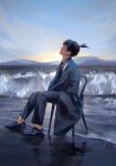  1boy absurdres beach black_coat black_footwear black_hair black_pants blue_sky chainsaw_man chromatic_aberration coat earrings hayakawa_aki highres jewelry kozzz_y looking_up pants short_hair sitting sky solo stud_earrings topknot 