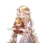  1boy 1girl artist_name blonde_hair braid circlet closed_eyes covered_eyes dress elden_ring frilled_sleeves frills helmet holding holding_stuffed_toy long_hair malenia_blade_of_miquella medium_hair miqueliafantasia miquella_(elden_ring) otoko_no_ko parted_bangs red_hair side_braid simple_background stuffed_toy swept_bangs twitter_username very_long_hair visor_(armor) white_background white_dress winged_helmet 