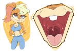  2023 anthro blonde_hair blue_eyes buckteeth female fur gaping_mouth hair half-closed_eyes lagomorph lecigzz leporid lola_bunny looney_tunes mammal midriff mouth_shot narrowed_eyes open_mouth rabbit solo tan_body tan_fur teeth tongue tongue_out uvula warner_brothers 