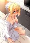  1girl ahoge artoria_pendragon_(fate) bathrobe bed blonde_hair blush breasts collarbone desk embarrassed fate/stay_night fate_(series) green_eyes naked_robe namonashi nipples robe saber sidelocks sitting small_breasts solo sweatdrop television tile_floor tiles towel towel_on_head videocassette_recorder 
