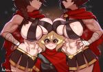  3girls abs aestheticc-meme bandaged_arm bandages blank_eyes blonde_hair borrowed_character braid breasts cape centurii-chan centurii-chan_(artist) highres large_breasts multiple_girls muscular muscular_female original plume red_cape short_hair side_braid skirt smile yuri 