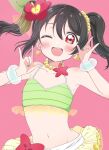  1girl ;d bead_necklace beads bikini black_hair flower green_bikini green_nails hair_flower hair_ornament highres jewelry love_live! love_live!_school_idol_project necklace nico_nico_nii one_eye_closed osono_(jpku7757) pink_background red_eyes red_flower simple_background smile solo swimsuit twintails yazawa_nico 