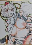  1girl animal_ears breasts detached_sleeves hat highres inubashiri_momiji large_breasts lifted_by_self marker_(medium) navel nipples ouma_tokiichi pom_pom_(clothes) red_eyes short_hair solo tail third-party_edit tokin_hat touhou traditional_media undressing white_hair 