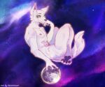  absurd_res anthro blacknewt canid canine canis female flat_chested fur green_eyes hi_res huge_filesize looking_at_viewer mammal moon multi_nipple nipples pawpads paws pink_nipples solo space star tail white_body white_fur wolf 