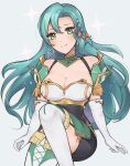  1girl aqua_hair armor bare_shoulders boots braid breasts chloe_(fire_emblem) cleavage commentary elbow_gloves fire_emblem fire_emblem_engage gloves green_eyes highres large_breasts long_hair looking_at_viewer purrlucii shoulder_armor sitting smile solo thigh_boots very_long_hair white_footwear white_gloves 