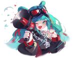  1girl ;d absurdres aqua_eyes aqua_hair bare_shoulders black_jacket black_shirt chain commentary_request cropped_torso goggles goggles_on_head hatsune_miku heart highres holding holding_megaphone jacket long_hair long_sleeves looking_at_viewer megaphone nail_polish one_eye_closed open_clothes open_jacket puffy_long_sleeves puffy_sleeves red_nails shirt simple_background sleeveless sleeveless_shirt smile solo twintails upper_body very_long_hair vocaloid wang_man white_background 