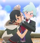  1boy 1girl absurdres black_hair blue_eyes blue_hair blue_sky blush cape commission hand_on_another&#039;s_face highres jewelry necktie one_eye_closed pok3d pokemon pokemon_(game) pokemon_oras red_eyes ring second-party_source sky smile steven_stone universal-kun_(m_ukkiw) upper_body wavy_mouth zinnia_(pokemon) 