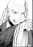  1boy bald beard braid braided_beard facial_hair fate/grand_order fate_(series) forked_eyebrows greyscale grin itaru_(kidomh63) long_beard male_focus monochrome multiple_braids old old_man scar scar_across_eye smile solo thick_eyebrows upper_body very_long_beard wrinkled_skin zhang_jue_(fate) 