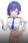  1girl aoi_(blue_archive) aya_(lezon) blue_archive blue_eyes blue_hair bottomless buttons censored collared_shirt commentary cropped_shirt double-breasted embarrassed gloves groin hair_over_one_eye halo hand_on_own_hip highres leaning_forward long_sleeves looking_at_viewer medium_hair mole mole_under_eye navel no_panties no_pants open_mouth purple_hair shirt slit_pupils solo symbol-only_commentary white_gloves white_shirt 