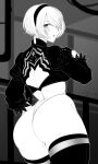  1girl 2b_(nier:automata) absurdres ass back_cutout clothing_cutout commentary_request cowboy_shot greyscale hairband haseru_(ginku_mh) highres juliet_sleeves long_sleeves looking_at_viewer looking_back monochrome nier:automata nier_(series) no_blindfold panties puffy_sleeves short_hair solo thighhighs underwear 