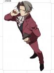  1boy ace_attorney ascot black_footwear black_vest book closed_mouth formal full_body grey_hair hair_intakes holding holding_book jacket long_sleeves looking_at_viewer male_focus miles_edgeworth pants red_jacket red_pants red_suit shirt shoes short_hair solo standing suit vest wahootarou white_shirt 