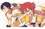  2boys bicycle black_eyes black_gloves black_hair cycling_uniform cyclist fingerless_gloves gloves highres imaizumi_shunsuke long_hair looking_at_viewer looking_to_the_side male_focus multiple_boys naruko_shoukichi ninonuko red_eyes red_hair riding riding_bicycle short_hair short_sleeves very_short_hair yowamushi_pedal 