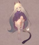  1girl animal_ear_fluff animal_ears blue_eyes blush cat_ears cat_tail closed_mouth crescent_moon crescent_necklace dress english_commentary foot_up frown gift_art grey_background hand_on_own_leg hand_on_own_thigh highres hoshi-pan jewelry long_hair looking_at_viewer moon necklace no_shoes original purple_dress purple_sweater short_dress sitting socks sweater sweater_dress tail very_long_hair white_hair white_socks 
