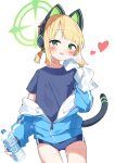  1girl absurdres animal_ear_headphones animal_ears black_shirt blonde_hair blue_archive blue_buruma blue_jacket blush bottle buruma cat_tail commentary cosplay cowboy_shot fake_animal_ears flat_chest green_eyes green_halo gym_shirt halo headphones heart highres holding holding_bottle jacket jacket_pull long_sleeves looking_at_viewer midori_(blue_archive) open_mouth partially_unzipped shirt short_hair simple_background solo suta0822 tail water_bottle white_background yuuka_(blue_archive) yuuka_(blue_archive)_(cosplay) yuuka_(track)_(blue_archive) 