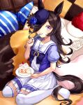  animal_ears black_hair blue_flower blue_headwear blue_rose bow bowtie cake flower food fork hair_over_one_eye hat hat_flower highres holding holding_fork holding_plate horse_ears horse_girl horse_tail horseshoe_ornament long_hair looking_at_viewer miniskirt no_shoes over-kneehighs plate pleated_skirt puffy_short_sleeves puffy_sleeves purple_bow purple_bowtie purple_eyes purple_serafuku purple_shirt rice_shower_(umamusume) rose sailor_collar sailor_shirt sakuraha_(cross_ima) school_uniform serafuku shirt short_sleeves sitting skirt strawberry_cake tail thighhighs tilted_headwear tracen_school_uniform umamusume utensil_in_mouth wariza white_skirt white_thighhighs 