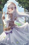  1girl apron basket braid commentary cookie doiparuni dress fire_emblem fire_emblem:_three_houses fire_emblem_heroes food food_in_mouth frilled_dress frills highres holding holding_basket holding_cookie holding_food juliet_sleeves lace_trim long_hair long_sleeves looking_at_viewer lysithea_von_ordelia lysithea_von_ordelia_(tea_party) maid maid_apron maid_headdress official_alternate_costume official_alternate_hairstyle puffy_sleeves purple_eyes solo white_dress white_hair 