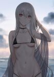  1girl bikini black_bikini black_choker bracelet breasts choker cleavage commentary_request girls&#039;_frontline hand_up highres jewelry kar98k_(girls&#039;_frontline) long_hair looking_at_viewer medium_breasts micro_bikini navel outdoors parted_lips red_eyes selcky sideboob signature solo stomach swimsuit underboob wet white_hair 