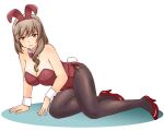  1girl absurdres animal_ears black_pantyhose blush bow bowtie breasts brown_eyes brown_hair cleavage fake_animal_ears fake_tail full_body girls_und_panzer high_heels highres large_breasts leotard long_hair looking_at_viewer pantyhose parted_lips playboy_bunny rabbit_ears rabbit_tail red_bow red_bowtie red_leotard shimada_chiyo simple_background solo tail uona_telepin white_background 