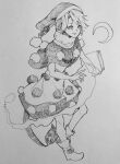  1girl book capelet crescent_moon doremy_sweet dream_soul dress greyscale hat highres holding holding_book kanaria_(bocmn) looking_at_viewer monochrome moon nightcap one-hour_drawing_challenge open_mouth shoes short_hair simple_background sketch solo touhou traditional_media 