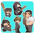  1girl 4boys bandaid bandaid_on_face bandaid_on_nose bara black_hair blue_background border brown_eyes brown_hair chibi closed_mouth collared_shirt full_body gakuran hand_tattoo hand_up highres holding holding_sword holding_weapon jacket long_hair magatama minamo_retasu multiple_boys open_clothes open_jacket outline outside_border parted_lips polka_dot polka_dot_background protagonist_1_(housamo) protagonist_2_(housamo) protagonist_3_(housamo) protagonist_4_(housamo) rounded_corners school_uniform shirt short_hair sideburns size_difference skirt smile star_tattoo sword tattoo thick_eyebrows thighhighs tokyo_afterschool_summoners tongue tongue_out weapon white_border white_outline 