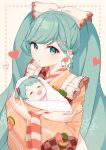  1girl :o absurdres aged_down aqua_eyes aqua_hair baby blush border checkered_sleeves commentary dotted_line drawing_kanon dual_persona earrings flower_earrings fork_hair_ornament hatsune_miku heart highres holding_baby japanese_clothes jewelry kimono long_hair looking_at_viewer orange_kimono pacifier short_twintails simple_background solo spoon_hair_ornament squash swept_bangs time_paradox twintails vegetable_print vocaloid white_background yuki_miku yuki_miku_(2024) 