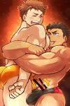  2boys aopanda ass bar_censor bara black_hair black_male_underwear blush brown_hair bulge censored closed_eyes erection highres large_pectorals licking licking_nipple looking_at_another male_focus male_underwear multiple_boys muscular muscular_male open_mouth orange_male_underwear original pectorals penis short_hair thick_thighs thighs tongue tongue_out underwear yaoi 