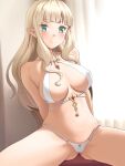  1girl arms_behind_back ass_visible_through_thighs bikini blonde_hair blunt_bangs blush breasts closed_mouth commentary_request elf green_eyes highres large_breasts long_hair meow_(nekodenki) navel original pointy_ears sitting smile solo swimsuit thighs white_bikini 