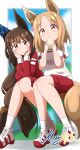  +_+ 2girls absurdres admire_vega_(umamusume) animal_ears blonde_hair blurry blurry_background blush border breasts brown_hair commentary_request ear_covers ear_ornament eating food full_body gym_uniform hair_between_eyes head_rest highres holding holding_food holding_sandwich horse_ears horse_girl horse_tail jacket looking_at_viewer matty_(matsutomo) medium_breasts medium_hair multicolored_footwear multiple_girls narita_top_road_(umamusume) outdoors parted_bangs puffy_short_sleeves puffy_sleeves purple_eyes red_footwear red_jacket red_shorts sandwich shirt shoes short_sleeves shorts signature single_ear_cover sitting sneakers socks tail tracen_training_uniform track_jacket umamusume white_border white_footwear white_shirt white_socks yellow_eyes 
