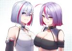  2girls ahoge bandeau bare_shoulders breasts cleavage commentary_request detached_sleeves dress grey_eyes grey_hair grin hair_between_eyes hair_ornament hairclip highres honkai:_star_rail honkai_(series) large_breasts look-alike looking_at_viewer multicolored_hair multiple_girls original short_hair sleeveless sleeveless_dress smile streaked_hair tamiji topaz_(honkai:_star_rail) upper_body white_background white_dress 