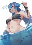  1girl :o absurdres adapted_costume annoyed armpits artist_name bao_(vtuber) bao_(vtuber)_(1st_costume) bikini bikini_bottom_removed black_bikini blue_hair blue_nails blurry blush body_markings breasts chestnut_mouth cleft_of_venus commentary cowboy_shot depth_of_field dutch_angle english_commentary english_text fingernails from_below gradient_hair half-closed_eyes hand_on_own_hip hand_up highres holding holding_clothes holding_swimsuit indie_virtual_youtuber large_breasts long_fingernails long_hair looking_at_viewer low_twintails multicolored_hair myth1carts nail_polish navel nipples nude open_mouth outdoors partially_submerged partially_underwater_shot patreon_logo pixiv_logo pussy red_eyes simple_background solo standing streaked_hair swimsuit thick_thighs thighs thong_bikini twintails twitter_logo uncensored v-shaped_eyebrows variant_set very_long_hair virtual_youtuber water whale_girl white_background wide_hips 