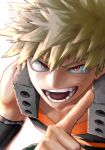  1boy bakugou_katsuki bare_shoulders blonde_hair boku_no_hero_academia evil_grin evil_smile grin imoan_atag implied_light_source leaning_forward looking_at_viewer muscular muscular_male open_mouth pointing red_eyes simple_background smile solo spiked_hair sunlight teeth twitter_username white_background 