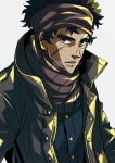 1boy black_hair brown_eyes brown_headband brown_scarf egg_(cknlun) headband jacket joe_(megalo_box) long_sleeves looking_at_viewer male_focus megalo_box scar scar_on_cheek scar_on_face scarf simple_background solo thick_eyebrows upper_body white_background 