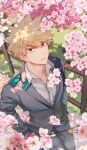  1boy :| bakugou_katsuki birthday blazer blonde_hair blurry blurry_background boku_no_hero_academia branch buttons cherry_blossoms closed_mouth collared_shirt commentary dappled_sunlight dated depth_of_field double_horizontal_stripe dress_shirt expressionless eyebrows_hidden_by_hair falling_petals fence film_grain flower foot_out_of_frame from_above grass grey_jacket grey_pants hair_between_eyes hands_in_pockets head_back highres jacket lapels light long_sleeves looking_at_viewer looking_up male_focus milmil_(wa_ten&#039;nendesu) notched_lapels outdoors pants petals pink_flower pocket red_eyes road school_uniform shade shirt short_hair shoulder_strap solo spiked_hair sunlight timestamp twitter_username u.a._school_uniform v-shaped_eyebrows walking white_shirt wooden_fence 