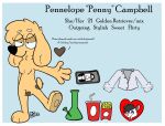  &lt;3 2021 anthro beverage bird_dog black_nose blue_background bong border canid canine canis domestic_dog drugs english_text female food fries fur golden_retriever greyshirt half-closed_eyes hryanart hunting_dog mammal markings model_sheet narrowed_eyes penny_campbell retriever simple_background smile soda solo spots spotted_markings text vhs_tape white_border yellow_body yellow_fur 