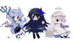  3girls black_eyes black_footwear black_hair black_halo black_shirt blue_bow blue_bowtie blue_butterfly blue_coat blue_eyes blue_hair blue_skirt blue_wings blunt_bangs boots bow bowtie bug butterfly butterfly_hair_ornament buttons chibi chinese_commentary closed_mouth coat coattails collar commentary_request commission crown_of_thorns demon_girl demon_tail demon_wings detached_collar diamond_button footwear_bow grey_horns grey_pantyhose grey_shirt hair_ornament halo hand_up heterochromia highres holding holding_pitchfork knee_boots layered_sleeves light_blue_hair light_blush light_frown long_hair long_skirt long_sleeves looking_at_viewer miniskirt multiple_girls open_clothes open_coat open_mouth original pale_skin pantyhose pink_bow pitchfork purple_eyes red_eyes red_wings sample_watermark see-through_veil shirt shoes short_hair sidelocks sitting skirt sleeves_past_wrists smile socks tail tiankong_yiji trench_coat turtleneck two-tone_wings very_long_hair watermark waving wavy_hair white_background white_collar white_footwear white_hair white_shirt white_skirt white_socks white_veil wings 