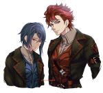 2boys alcryst_(fire_emblem) blue_hair brothers buckle buttons closed_mouth collared_shirt diamant_(fire_emblem) fire_emblem fire_emblem_engage hair_between_eyes hair_ornament hairclip highres looking_at_viewer male_focus multiple_boys red_eyes red_hair shirt short_hair siblings umi_(_oneinchswing) white_background 