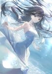  1girl air_bubble bare_arms bare_shoulders black_hair breasts bubble commentary_request dress earrings grey_eyes jewelry kagachi_saku looking_at_viewer medium_breasts original sleeveless sleeveless_dress smile solo swept_bangs underwater water white_dress 