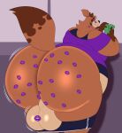  anthro backsack balls big_balls big_butt bottomwear brown_body brown_fur bubble_butt butt canid canine clothed clothing fur genitals hair hi_res huge_butt hyper hyper_butt kiss_mark male mammal megacoolbear_(artist) money overweight overweight_anthro overweight_male partially_clothed perineum ponytail purple_clothing purple_topwear raccoon_dog shorts shorts_down solo tanuki thick_thighs topwear wide_hips 
