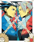  2boys ace_attorney ascot black_eyes black_hair black_vest blue_background blue_jacket chain closed_mouth collared_shirt grey_hair highres jacket male_focus miles_edgeworth multiple_boys necktie phoenix_wright red_background red_eyes red_jacket red_necktie shino_(shino_dgs) shirt short_hair two-tone_background upper_body v-shaped_eyebrows vest white_ascot white_shirt 