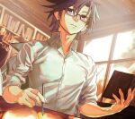  1boy 1girl altina_orion antenna_hair beret black_hair book bookshelf eiyuu_densetsu glasses hair_between_eyes hat highres holding holding_book holding_pen indoors light_rays madou_zakura nib_pen_(object) pen purple_eyes rean_schwarzer rectangular_eyewear sen_no_kiseki sen_no_kiseki_iii shirt sunbeam sunlight white_shirt window 